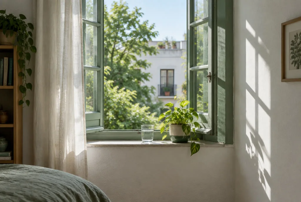 Una ventana abierta a la luz de la mañana, con una planta y un vaso de agua en el alféizar.